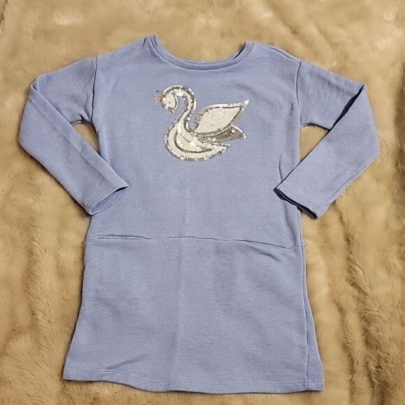 GYMBOREE PERIWINKLE BLUE REVERSE SEQUINED SWAN LONG-SLEEVE DRESS, SIZE 7-8 - Picture 1 of 8